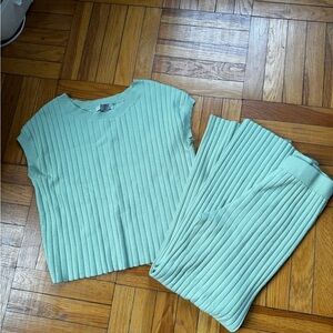 Mint Green Ribbed Knit Top and Pants Set
